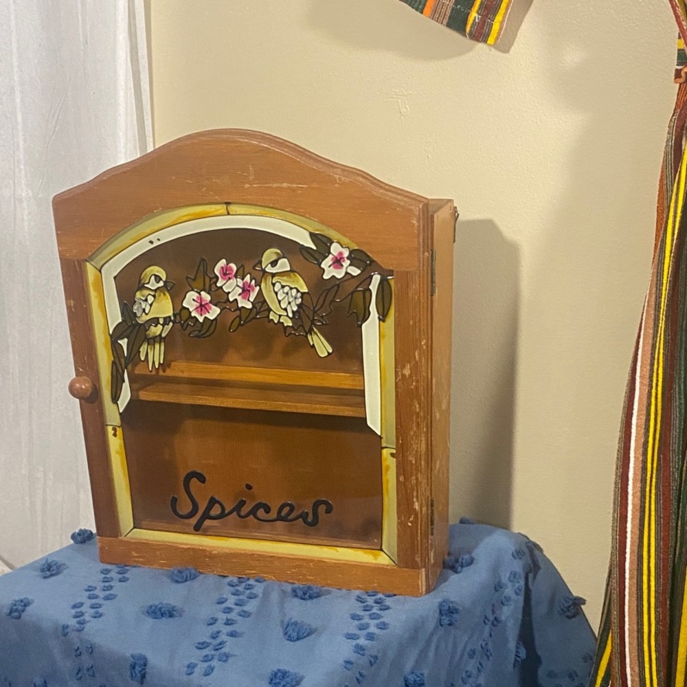 Vintage Wooden glass Spice Cabinet Flowers Bird Design yellow brown